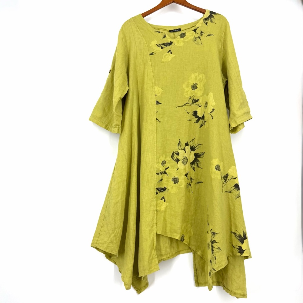 ✨Made in Italy 100% Linen Asymmetrical Dress 2X Chartreuse Floral Lagenlook Boho